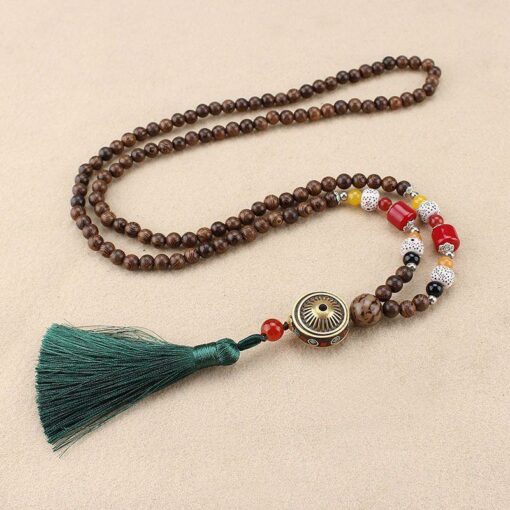Holy Wood Beads Circular Pendant w/ Tassel Necklace for Energy Balancing, Positivity, Tranquility, and Meditation Vintage Nepal Long Buddhist Mala Wood Beaded Pendant & Necklace Ethnic Bohemian Boho Lucky Jewelry