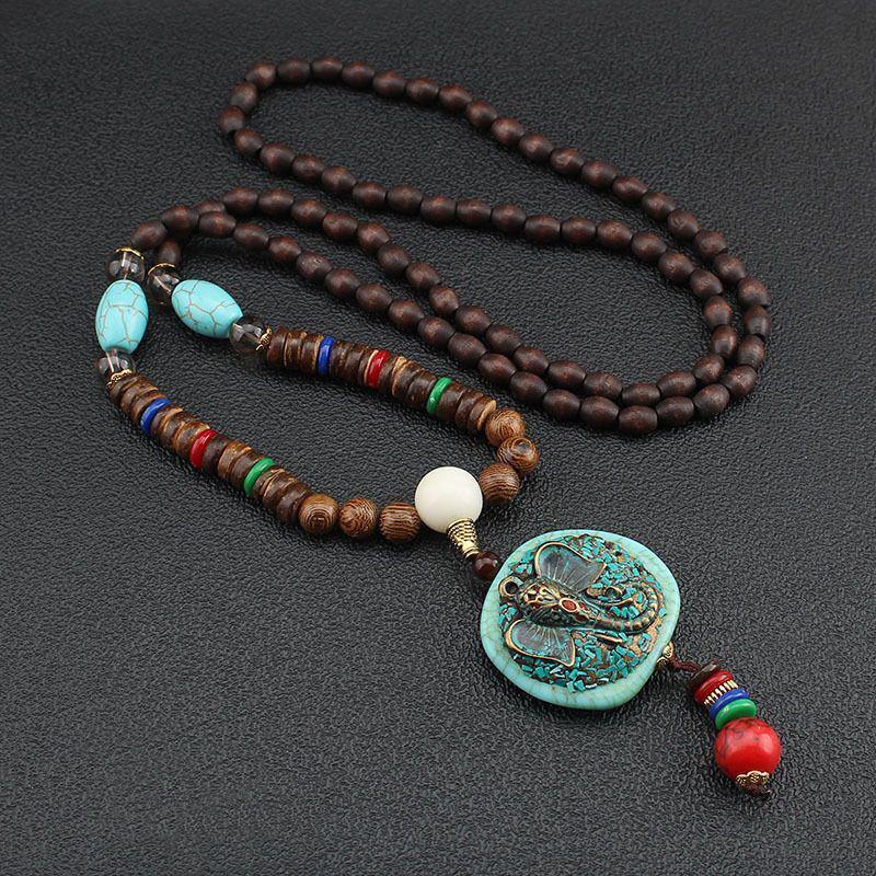 Holy Wood Beads Elephant Face Pendant Necklace for Energy Balancing, Positivity, Tranquility, and Meditation Vintage Nepal Long Buddhist Mala Wood Beaded Pendant & Necklace Ethnic Bohemian Boho Lucky Jewelry