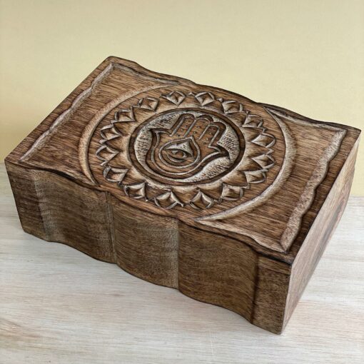 Hand Carved Decorative Hamsa Hand Evil Eye Wooden Storage Box, 9"x6"x2.75"