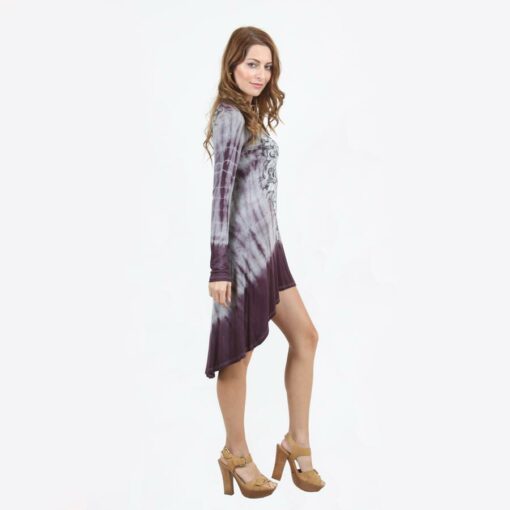 Vocal Purple / Grey Special Dyed V-Neck Long Sleeves Hi-Lo Dress With Print And Stone