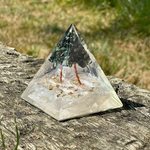 Selenite and Kambaba Jasper Base Tree of Life Orgonite Pyramid with Natural Crystals, Energy Healing, Reiki, Positivity  3*3*3 inch
