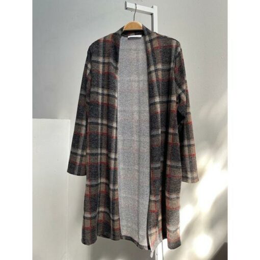 BLACK WINE COLOR PLAID POCKET CARDIGAN