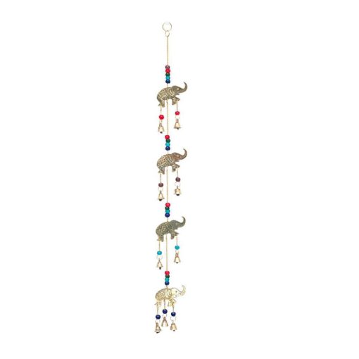 4 Elephant Brass Wind Chime w/ Beads 24"L