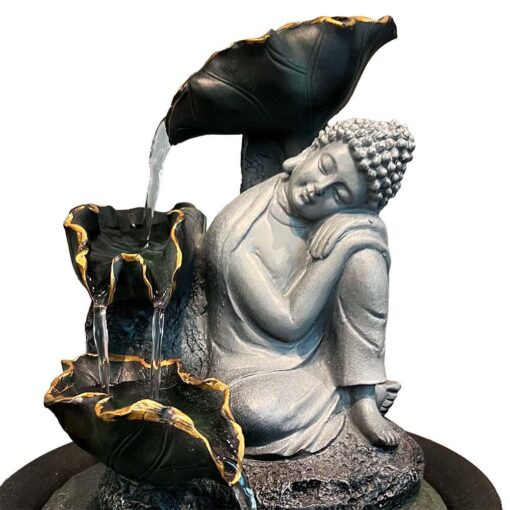 Resting Buddha with Leaves & LED Antique Resin Tabletop Waterfall Fountain