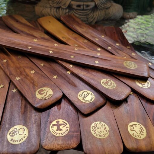 Zodiac Sign Brass Inlay Wood Ash Catcher | Celestial Incense Burner (10"L)