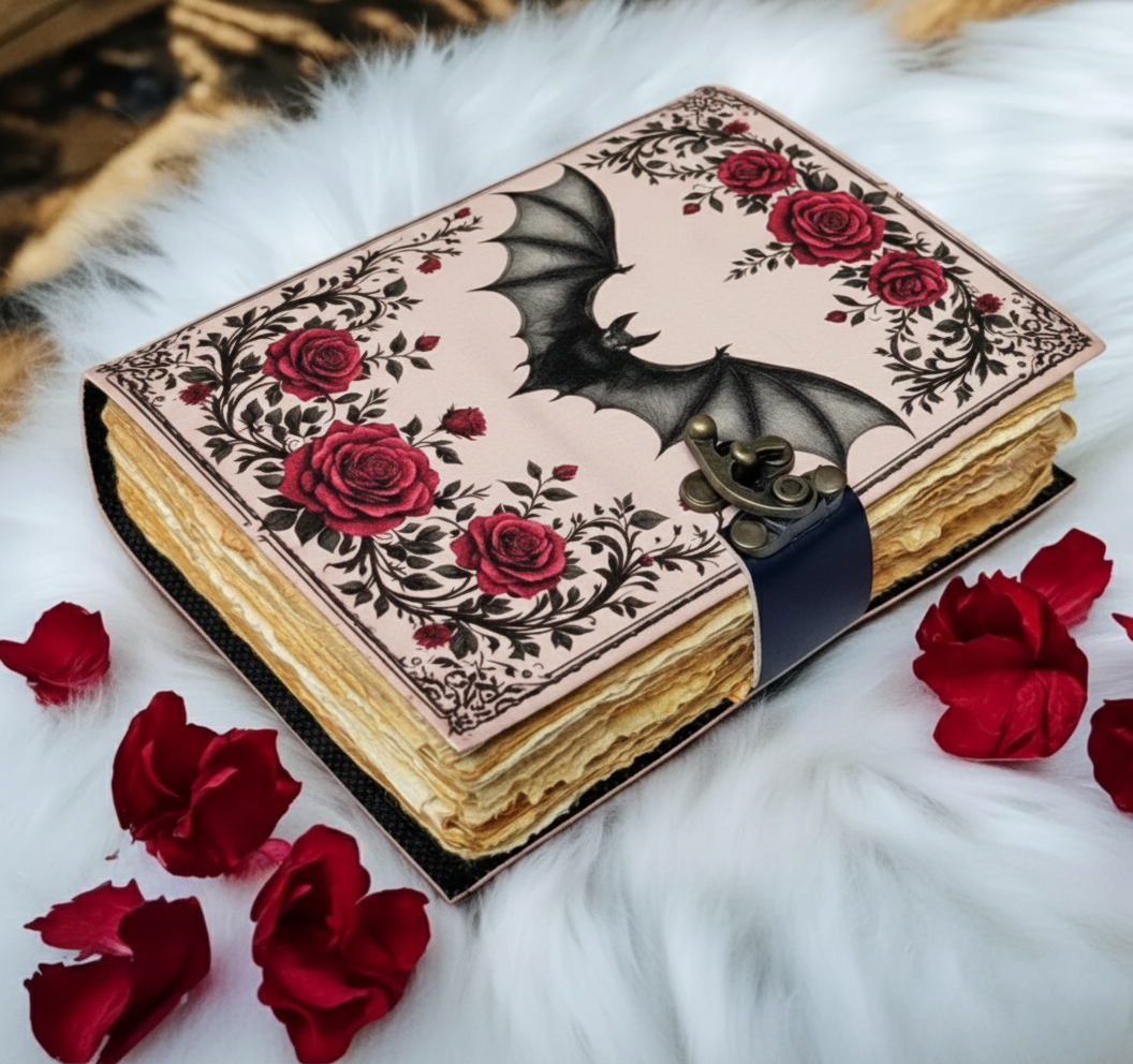 Gothic Bat & Rose Leather Journal | Grimoire of Night's Secrets