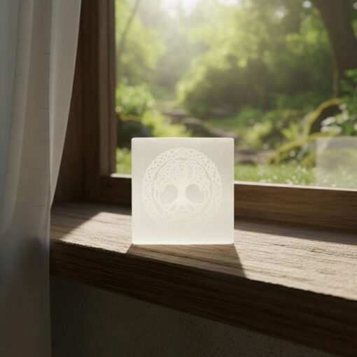 Selenite Engraved Square Charging Plate: Celtic Tree of Life (3–4 Inch)