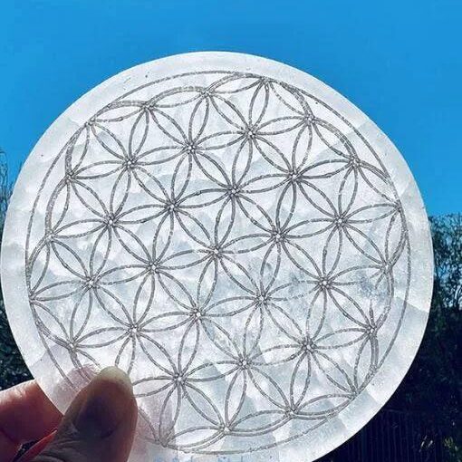Selenite Engraved Round Charging Plate: Flower of Life (4–5.5 Inch)