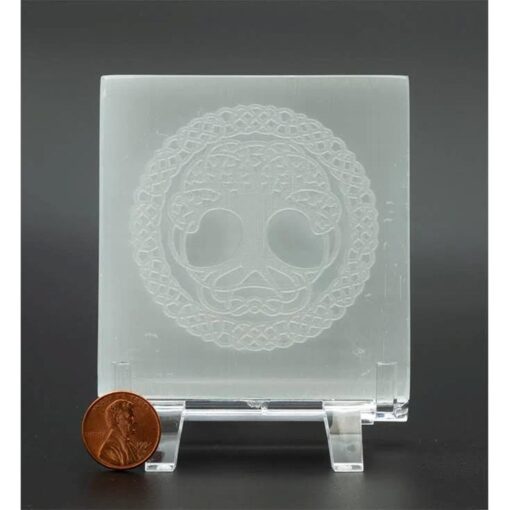 Tree of Life Engraved Selenite Square Coaster: Crystalline Anchor for Stability (3 Inch)