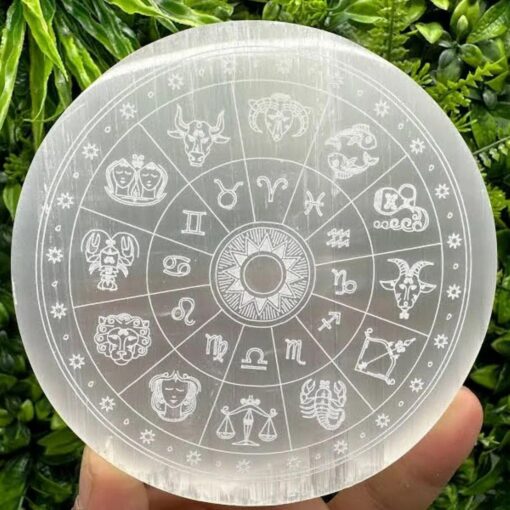 Selenite Engraved Horoscope Charging Plate: Celestial Alignment & Auric Reset (2.75–4 Inch)