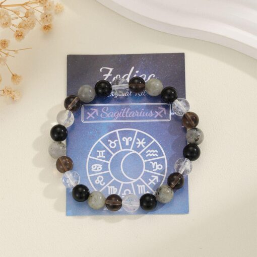 Sagittarius Zodiac Crystal Bracelet – Spiritual Expansion – Black Obsidian & Labradorite – 8mm