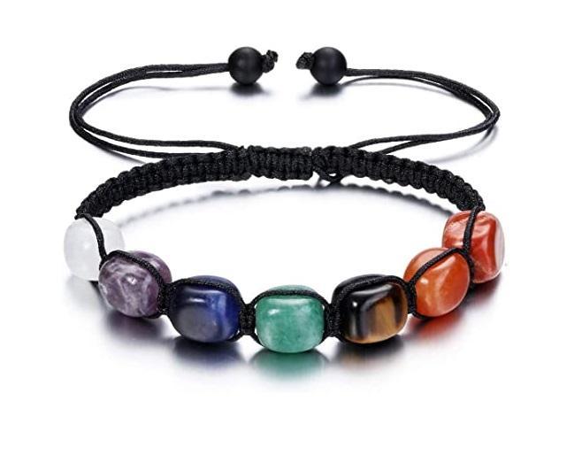 7-Chakra Macrame Tumbled Rectangle Stone Bracelet: Geometric Alignment & Raw Stability