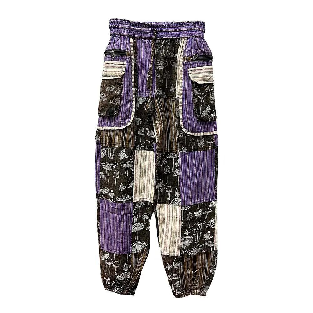 Purple Cotton Boho Elastic Bottom Patch Pants