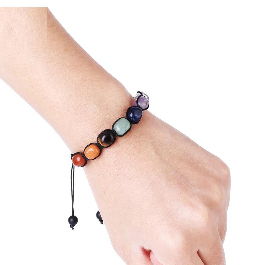 7-Chakra Macrame Tumbled Rectangle Stone Bracelet: Geometric Alignment & Raw Stability - Image 2