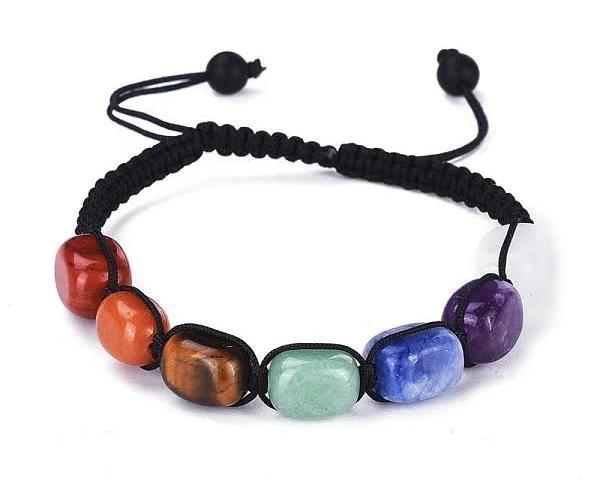 7-Chakra Macrame Tumbled Rectangle Stone Bracelet: Geometric Alignment & Raw Stability - Image 3