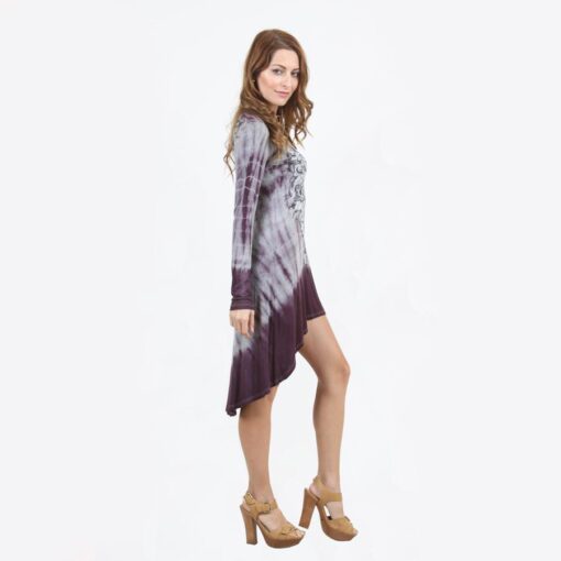 Vocal Purple / Grey Special Dyed V-Neck Long Sleeves Hi-Lo Dress With Print And Stone
