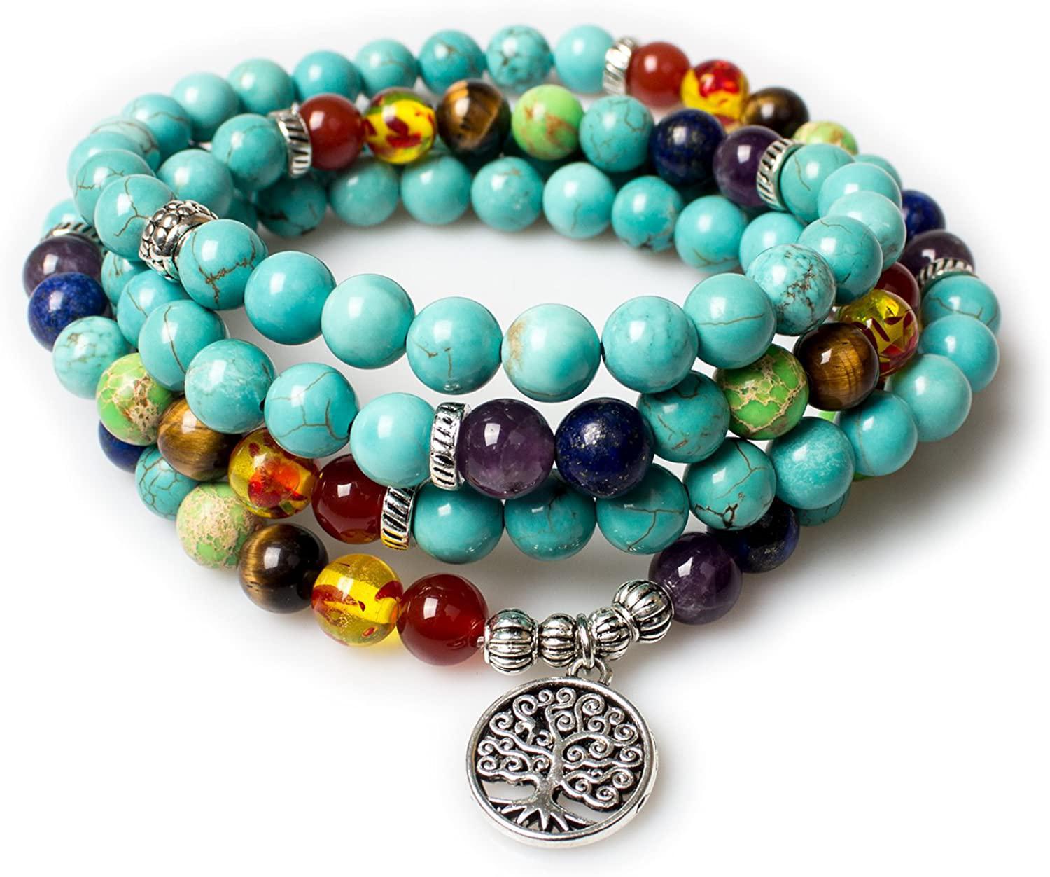 Turquoise 7 Chakra Healing stone 108 Mala 6 mm Beads Natural with Seven Chakara Stones, Bracelet, Mala Prayer Beads Tree and Om Charm