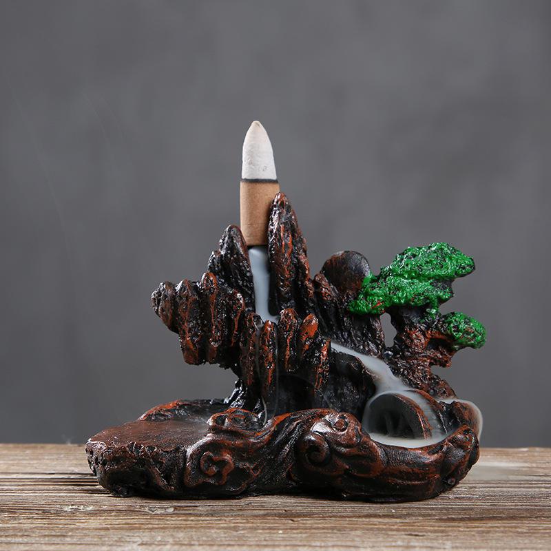Rockery with Water Wheel Ceramic Backflow Incense Holder Waterfall Incense Burner, Reflux Burner, Handmade Ceramic, Home Décor for Meditation, Mini-Zen Experience Size: 10.5*8.5 cm