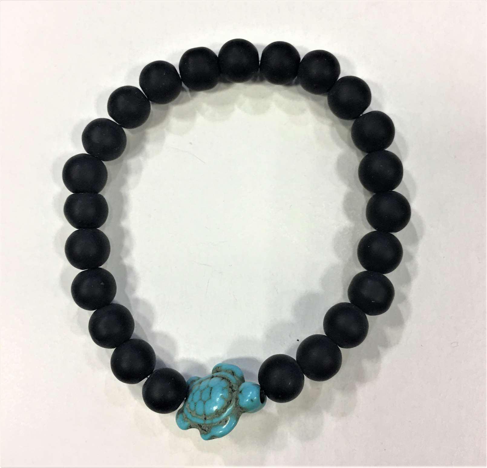 Black Agate & Turquoise Turtle Charm Bracelet: The Serene Sentinel