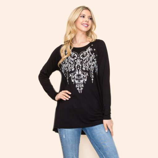 20492L-Top,  LONG SLEEVE SWING FLARE HEM TOP With Rhinestone and Grommets by Vocal