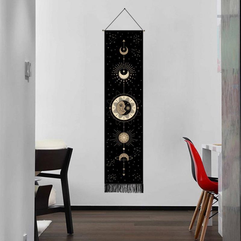Sun Face and Compass scroll tapestry - Banner Wall Tapestry, Moon Phase Tapestry Wall Hanging, Cotton Linen Wall Art 46*12 Inches