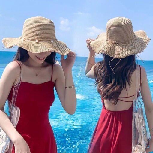 String & Pearl Wide Brim Straw Beach Hats Women Korean Folding Sun Shade