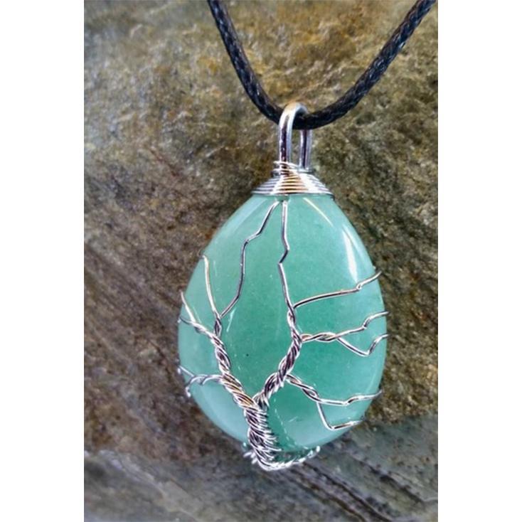 Green Aventurine Teardrop Crystal Tree of Life Wire Wrapped Pendant Necklace