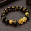 Black Obsidian Natural Stone with Feng Shui Printed Symbols Bracelet with Charms Prayer Beads, 10 mm stone beads VTrendz