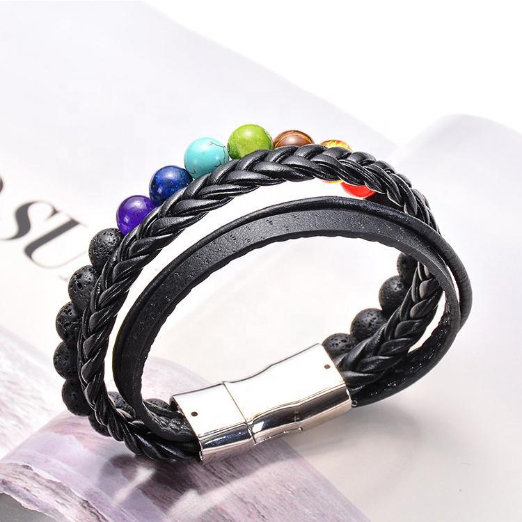7 Chakra Volcanic Lava Stone Magnetic Therapy Leather Bracelet 7 Chakra Yoga Magnet Buckle Bracelet Unisex - Image 3