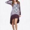 Vocal Purple / Grey Special Dyed V-Neck Long Sleeves Hi-Lo Dress With Print And Stone VTrendz