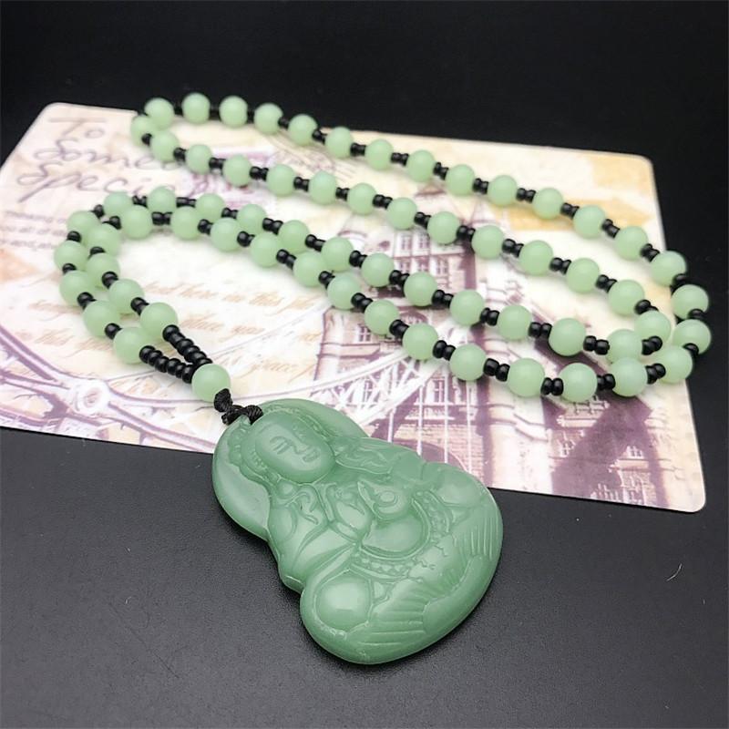 Green Jadeite Jade Handcarved Necklace Pendants with Black Beads