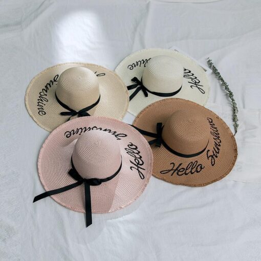 Hello Sunshine Straw Beach Hats Women Korean Folding Wide Visor Sun Shade