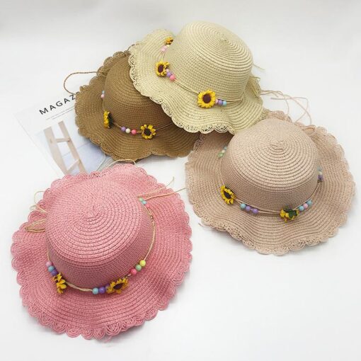 Sunflower & Beads String Straw Hats For Women Summer Grass Folding Visor Hat