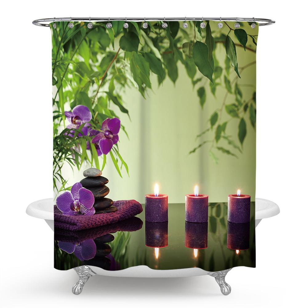 Purple Spring Spa with Orchids, Leaves, Candles, Zen Spa Shower Curtain, Meditation, Therapy, Relaxing, Shower Curtain with Hooks