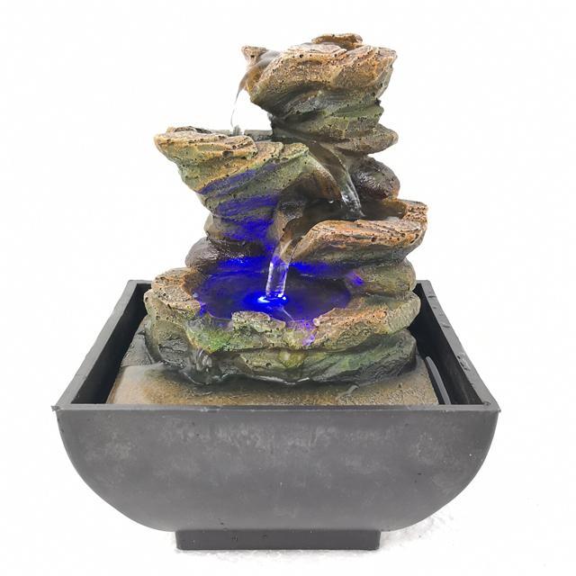 4-Tier Rockery with LED Light Antique Resin Tabletop Waterfall Fountain