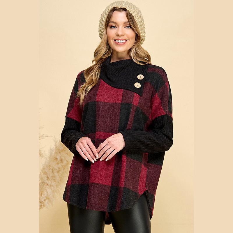 Button-Up PLAID Cowl Neck Button Sweater
