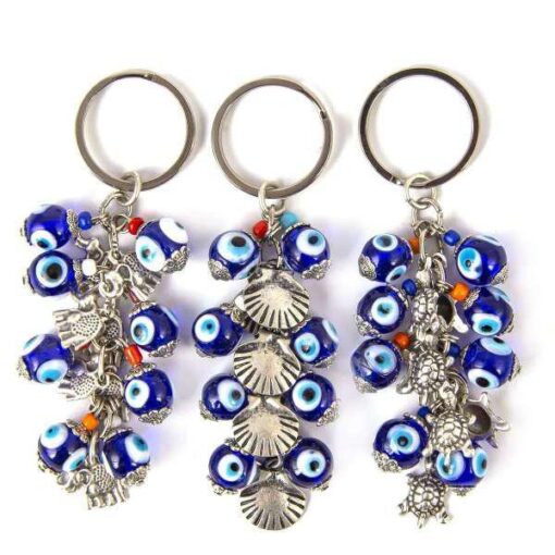 Evil Eye Keychain Hangings with Elephant, Turtle or Shell Charms, Handmade