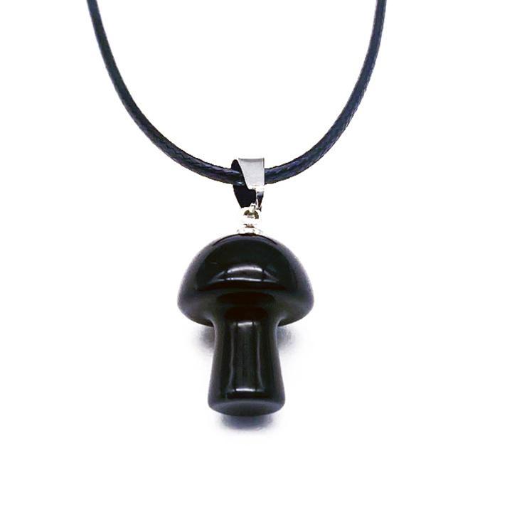 Black Onyx Mushroom Carved Pendant Necklace Natural Crystals For Energy Balancing, Meditation, Reiki, Healing Approx. 2cm Pendant
