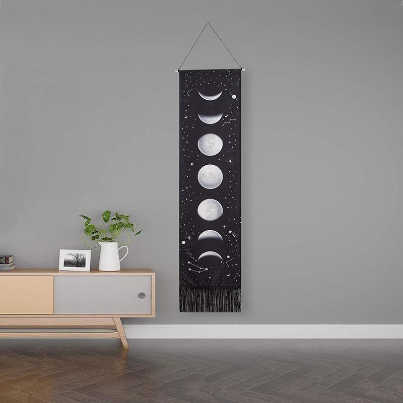 Phase of Moon with constellation scroll tapestry - Banner Wall Tapestry, Moon Phase Tapestry Wall Hanging, Cotton Linen Wall Art 46*12 Inches