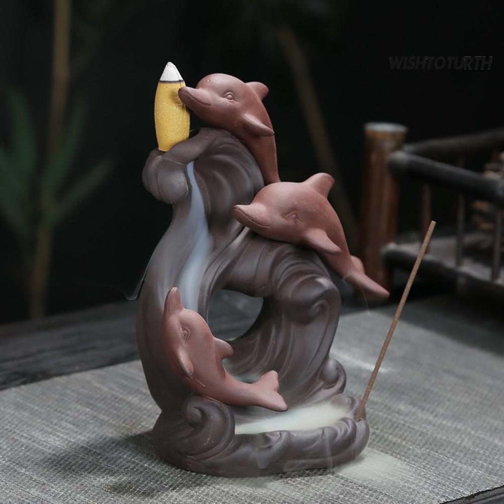 Sea Dolphins Backflow Incense Burner, Reflux Burner, Large Handmade Ceramic Backflow Cone Sticks Incense Holder Home Decor Craftwork Figurine
