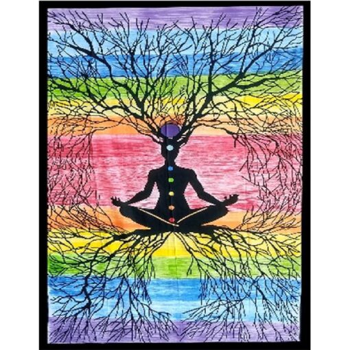 Yoga Man with Roots / 7-Chakra Meditating Man with Roots Wall Hanging Handmade Cotton Tapestry 84" x 54" inch