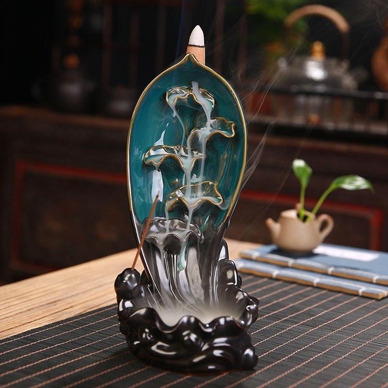 Leaf & Flower Style Ceramic Backflow Incense Holder Waterfall Incense Burner, Reflux Burner, Handmade Ceramic, Home Décor for Meditation, Mini-Zen Experience Size: 12*10*21 cm - Image 6