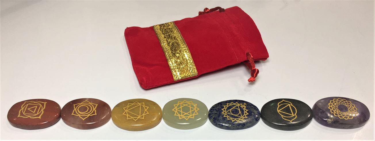 7-Chakra Stone Set Engraved Oval / Round Gemstone in Black Velvet Chakra Pouch - Image 3