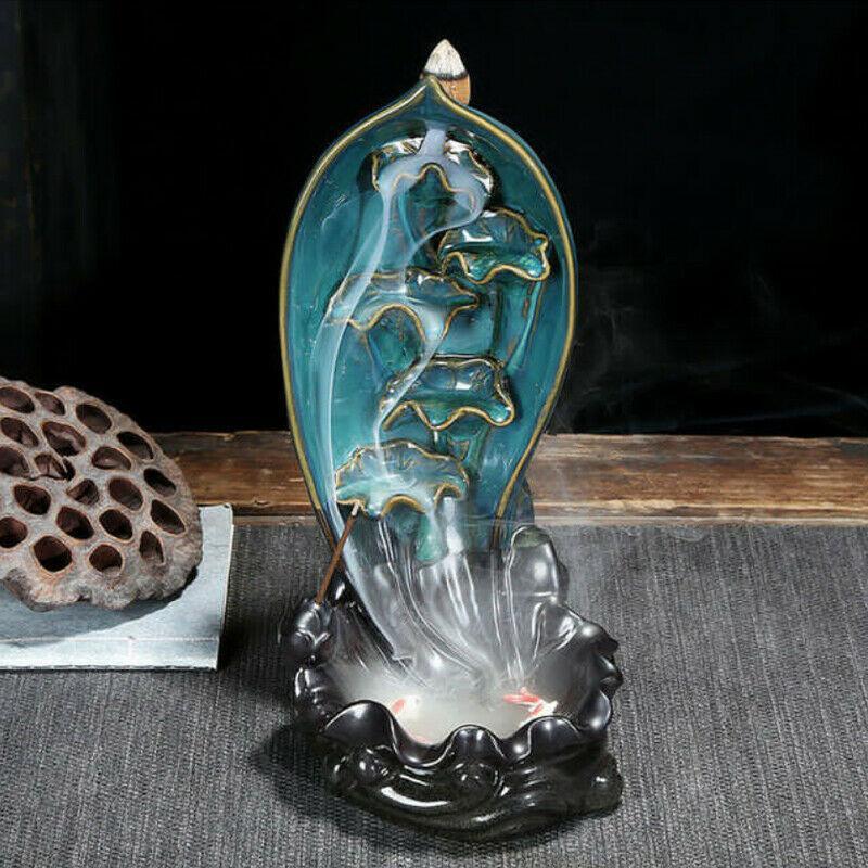 Leaf & Flower Style Ceramic Backflow Incense Holder Waterfall Incense Burner, Reflux Burner, Handmade Ceramic, Home Décor for Meditation, Mini-Zen Experience Size: 12*10*21 cm - Image 2