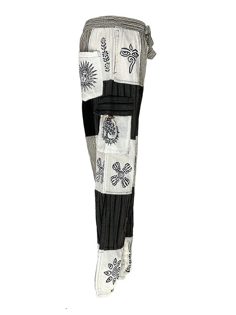 Black and White Boho Patchwork Elastic Bottom Pants - Image 2