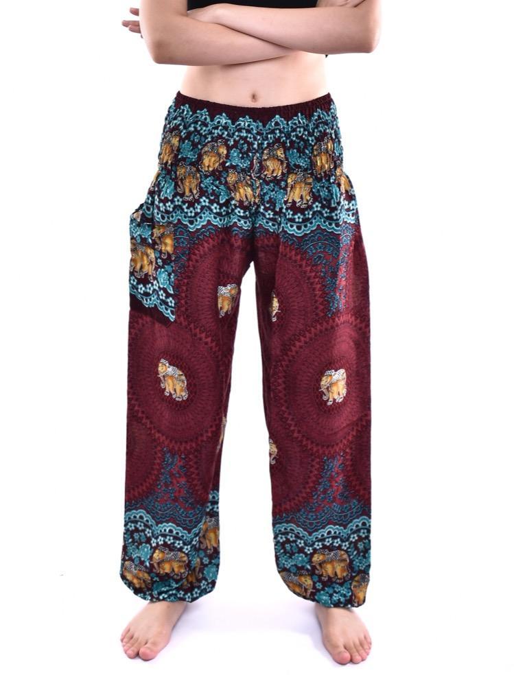 Maroon & Teal Smocked Elephant Mandala Harem Pants - Image 3