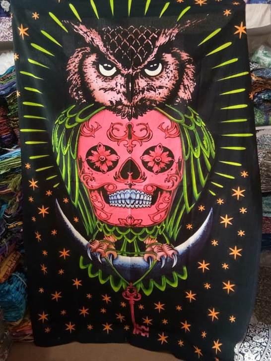 Sugar Skull with Owl and Key Wall Hanging Handmade Cotton Tapestry 84"x54" inch