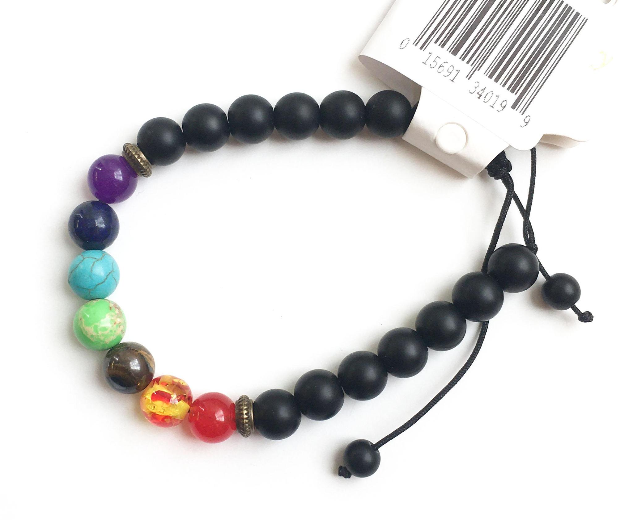 Black Agate with 7-Chakra Stone Beads Adjustable Natural Stone Macramé Bracelet for Positivity, Relaxation, Balancing Energy