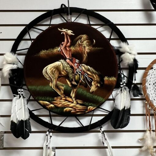 Native Warrior With Bison Skull in Hand on a Horse 24" Dia Handpainted Velvet shield Dream Catcher