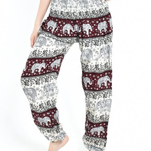 Maroon & Cream Smocked Elephant Print Thai Harem Pants